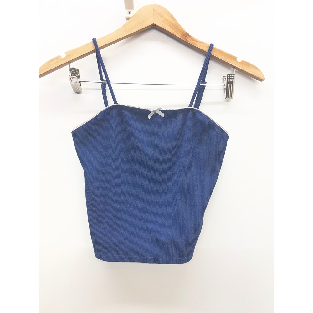 Rebellious Dreamer Navy Blue Ribbed Cami Crop Top Lace Trim Bow Small